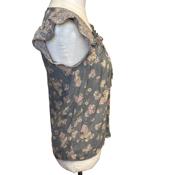 DR2 Woman's Vintage Style Flower Ruffle Blouse Size Small Olive Green Pink Boho - Picture 2 of 9